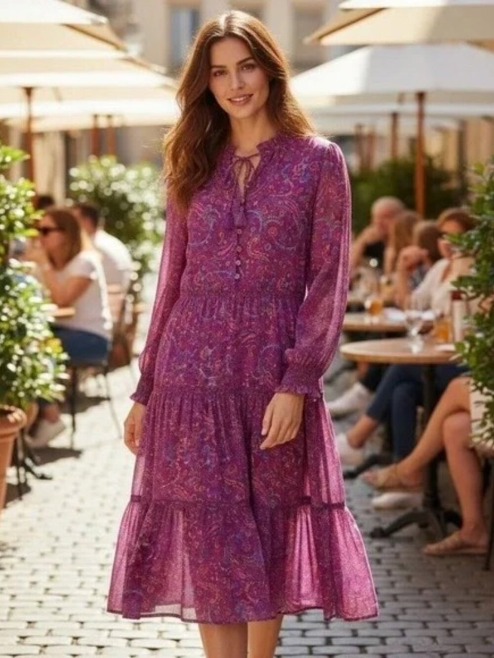 Beach Lunch Lounge Purple Paisley Layered Ruffle Elastic Waist Dress - Size M
